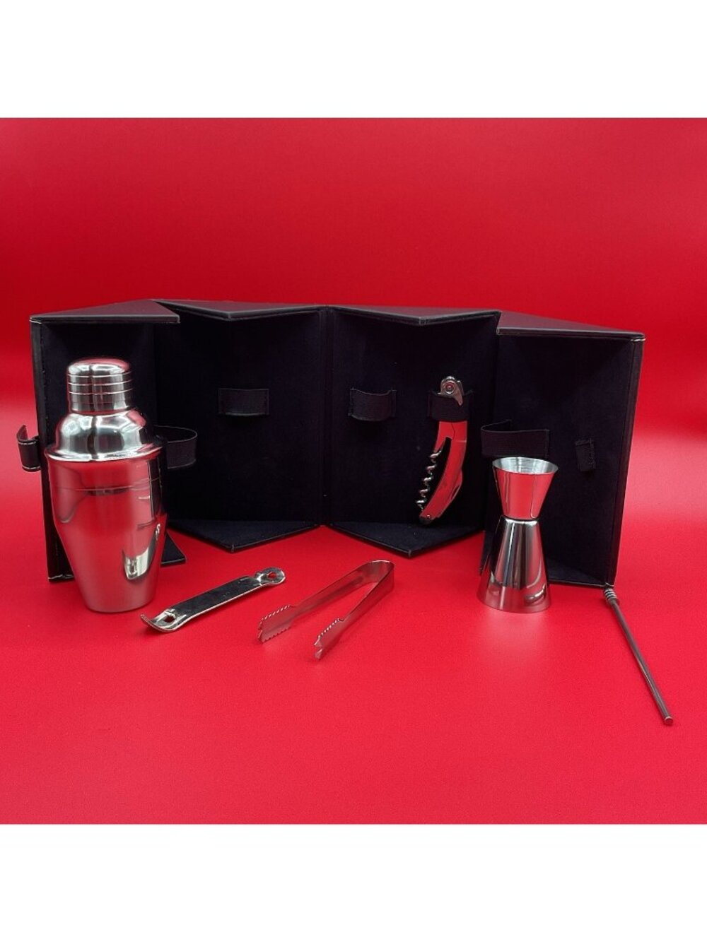 Stainless Steel Cocktail Kit Set w/ Case 5pc Shaker Jigger Tongs Spoon Corkscrew